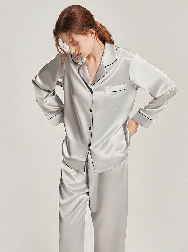22 Momme Silk Summer Female Fashion Small Lapel Simple Soft Comfortable Youthful Temperament Various Colors Classic Long Sleeve Two-Piece Pajamas