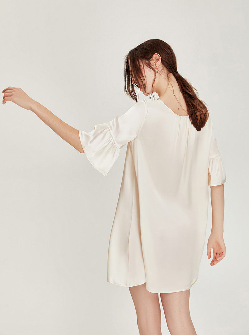 Summer Apricot Court Style Retro Silk Lace-up Small V Collar Ruffle Lantern Short Sleeve Short Loose Nightdress Female