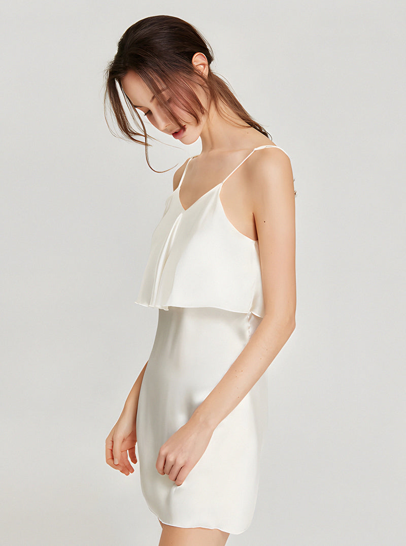 Summer Temperament Pure Color V Collar Bust Ruffle Double Layer Silk Sling Short Nightdress Female