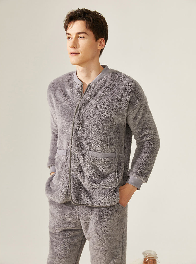 Thickened Warmth Winter Pajamas Male Small V Collar Long Sleeve With Scarf Can Be Worn Outdoors Coral Velvet Set