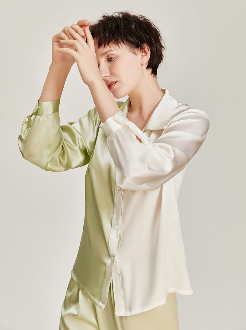 Spring Summer Female Shirt Style Silk Splicing Contrasting Color Matching Pajamas Comfortable Long Sleeve Two-Piece Set