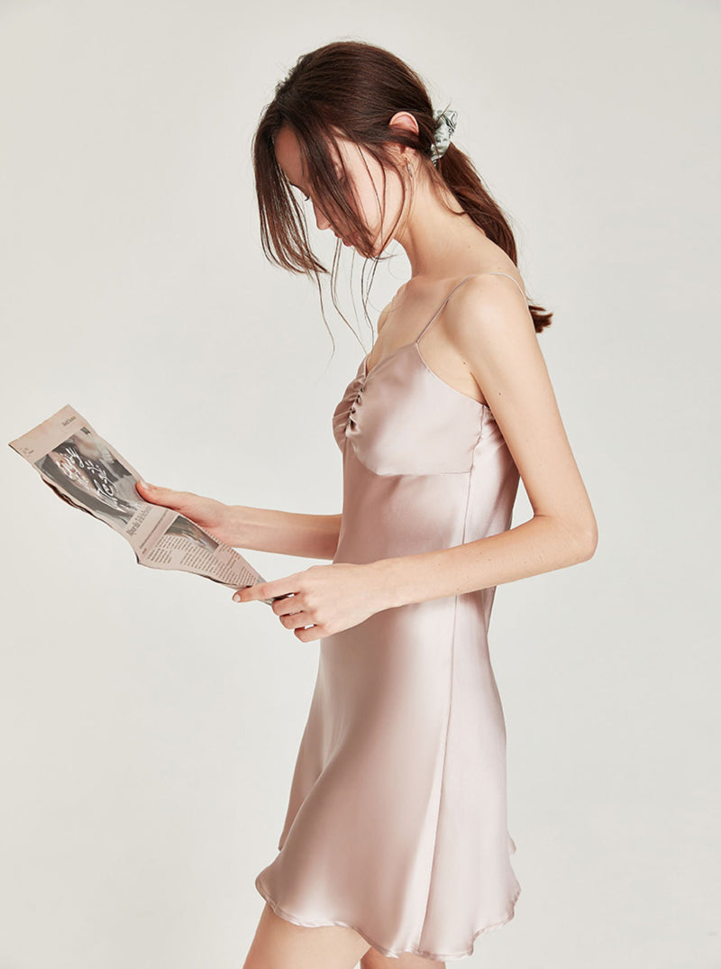 Summer Pure Color Silk Sexy Fold Design V Collar Sling Thin Short Nightdress Female