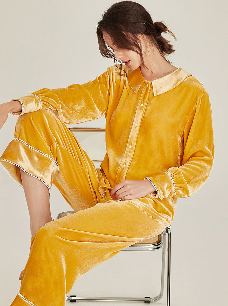 Autumn Winter Female Silk Velvet Matching Pajamas Simplicity Pure Color Cute Doll Collar Lace Edge Long Sleeve Two-Piece Set