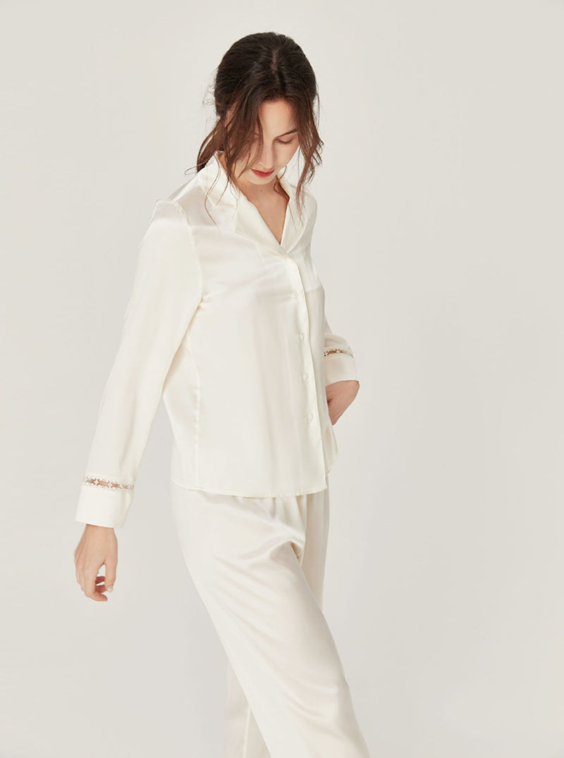 Spring Autumn Female Advanced Sense Silk Matching Pajamas Lapel Cute Hollow Lace Long Sleeve Two-Piece Set