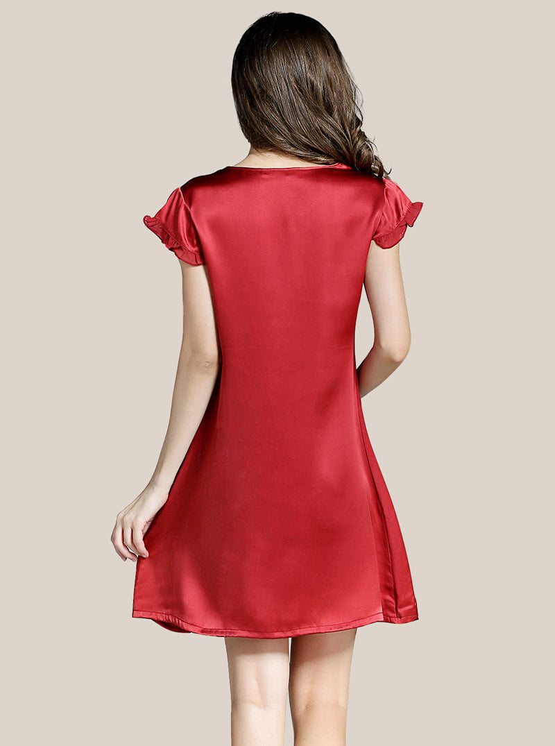 Silk Summer Female V-Neck Ruffled Lace Sexy And Comfortable A-Line Skirt Solid Color Short-Sleeved Nightdress