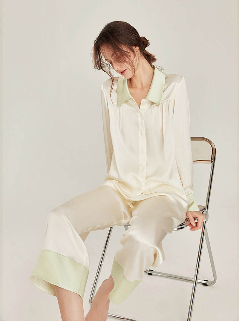 Spring Autumn Female Silk Matching Pajamas Milk White Splicing Fruit Green Shirt Collar Long Sleeve Two-Piece Set
