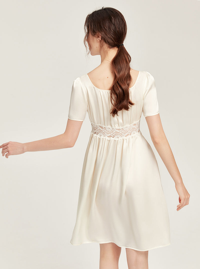 Summer Silk Court Style Boat Collar Waist Hollow Lace Loose Hem Short Sleeve Nightdress Female