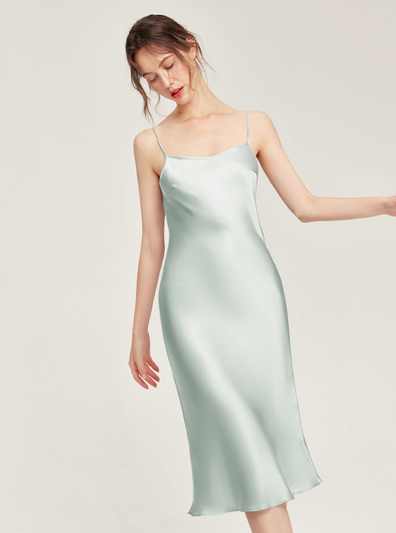 19 Momme Silk Summer Female Evening Dress Elegant Simplicity Pure Color Sling Long Nightdress