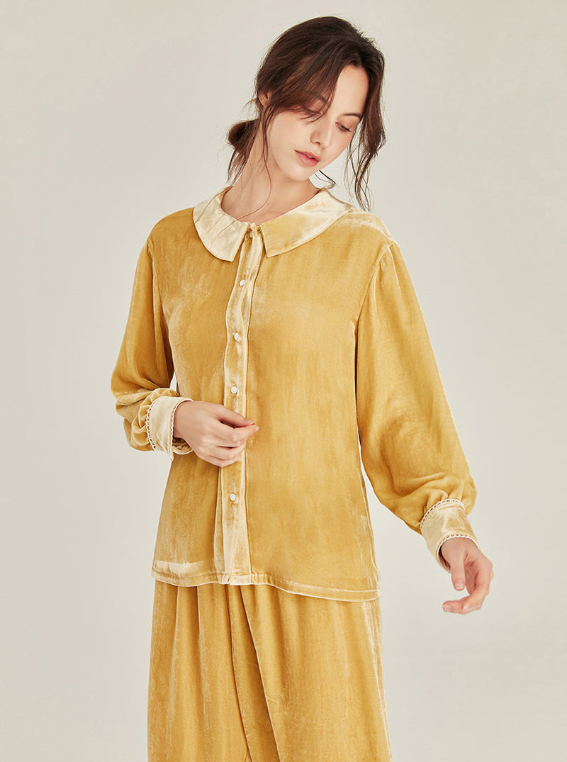Autumn Winter Female Silk Velvet Matching Pajamas Simplicity Pure Color Cute Doll Collar Lace Edge Long Sleeve Two-Piece Set