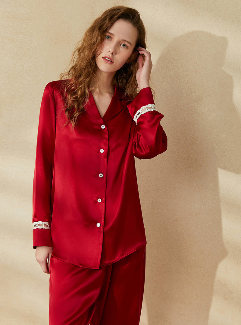 Spring Autumn Female Advanced Sense Silk Matching Pajamas Lapel Cute Hollow Lace Long Sleeve Two-Piece Set