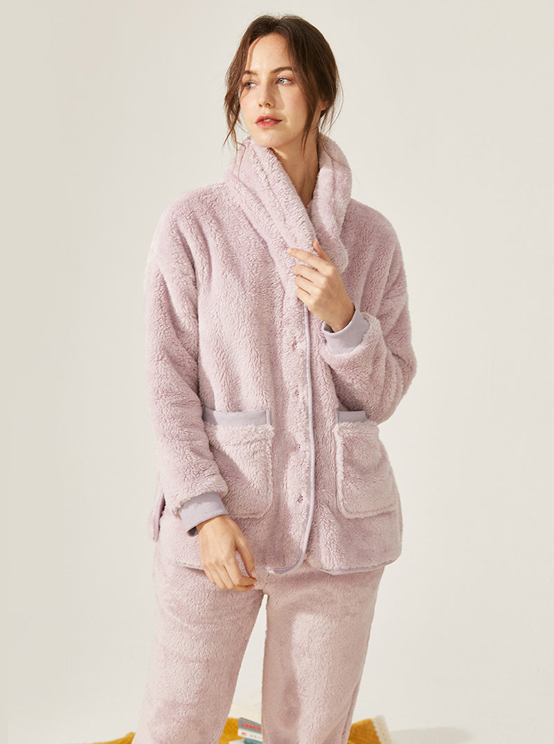 Winter Thickened Warm Pajamas Female Coral Velvet V Collar Long Sleeve With Scarf Can Be Worn Outdoors Set