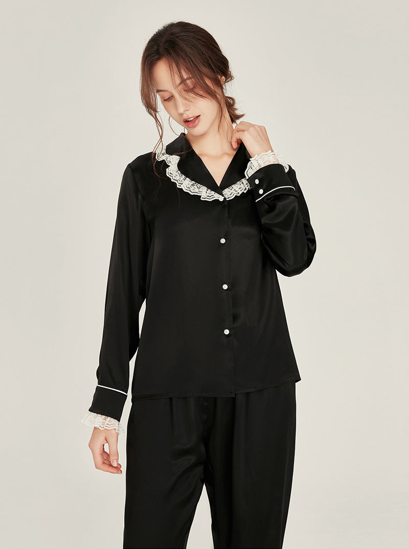 Silk Autumn Matching Pajamas Female Cute Ruffle Lace Lapel Collar Long Sleeve Advanced Sense Two-Piece Set