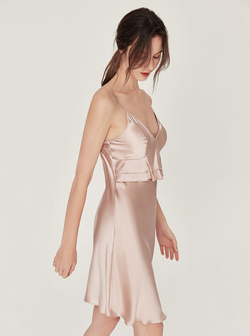 Silk Sweet Sexy V Collar Double Ruffle Design Sling Short Nightdress With Chest Pads