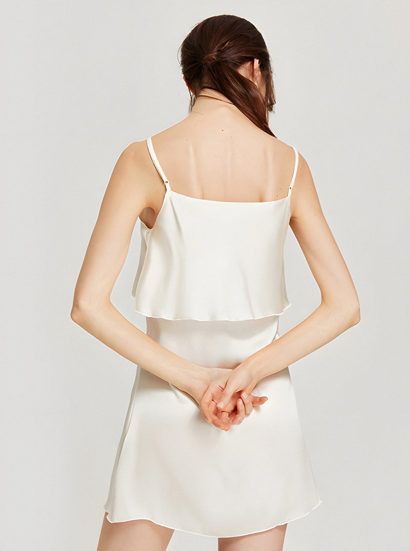 Summer Temperament Pure Color V Collar Bust Ruffle Double Layer Silk Sling Short Nightdress Female