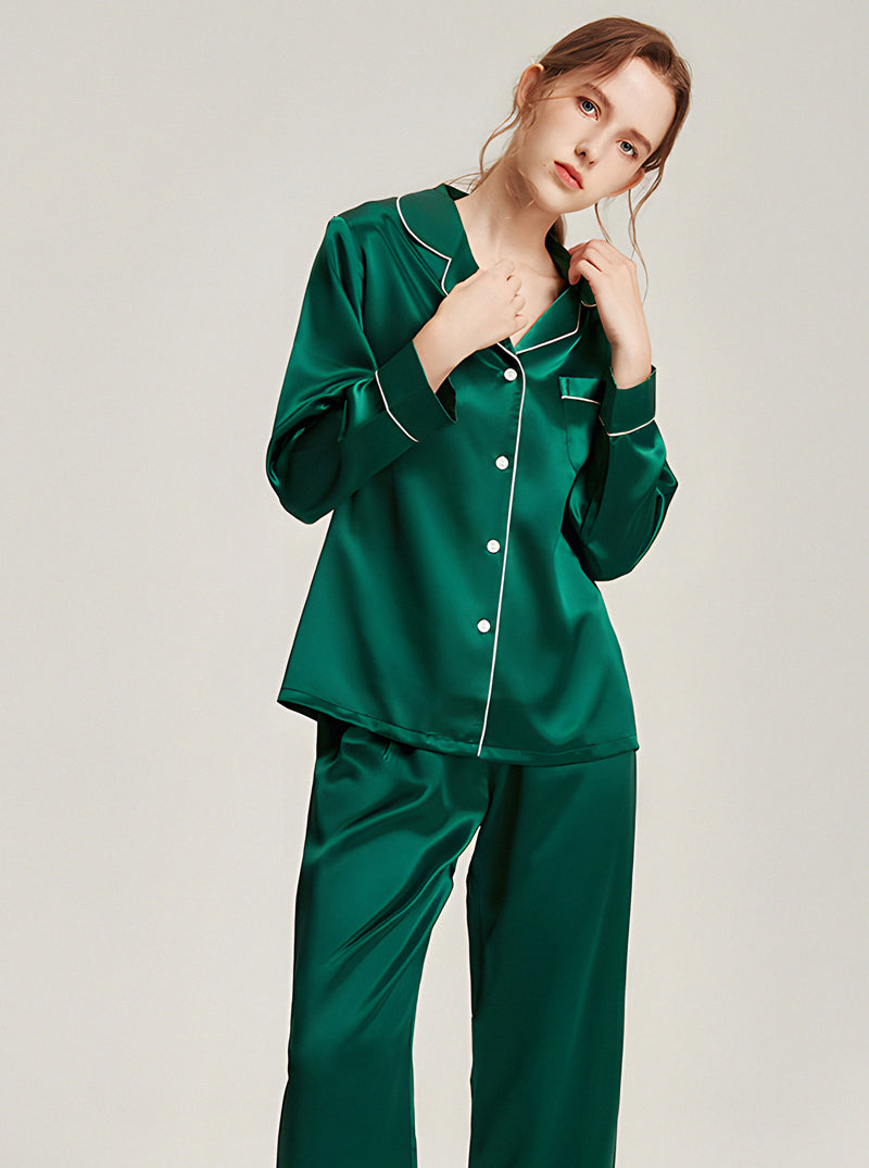 22 Momme Silk Summer Female Fashion Small Lapel Simple Soft Comfortable Youthful Temperament Various Colors Classic Long Sleeve Two-Piece Pajamas
