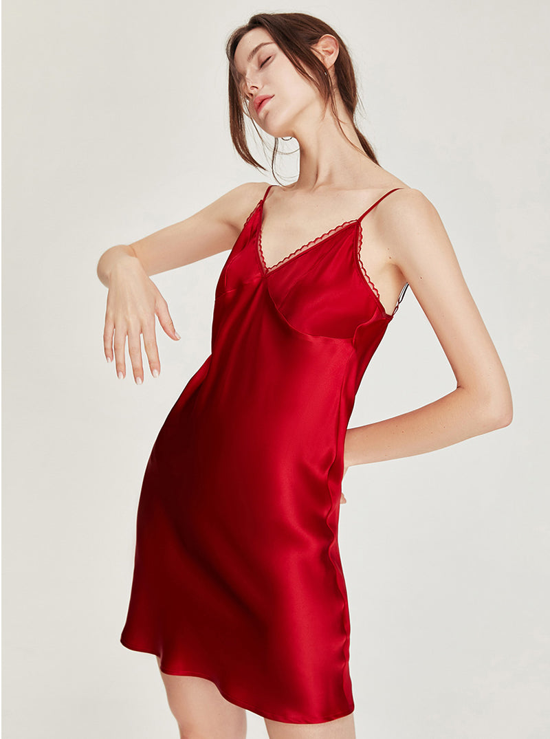 Pure Color Thin Silk Summer Female Sexy Small Lace Edge V Collar Sling Slim Short Nightdress