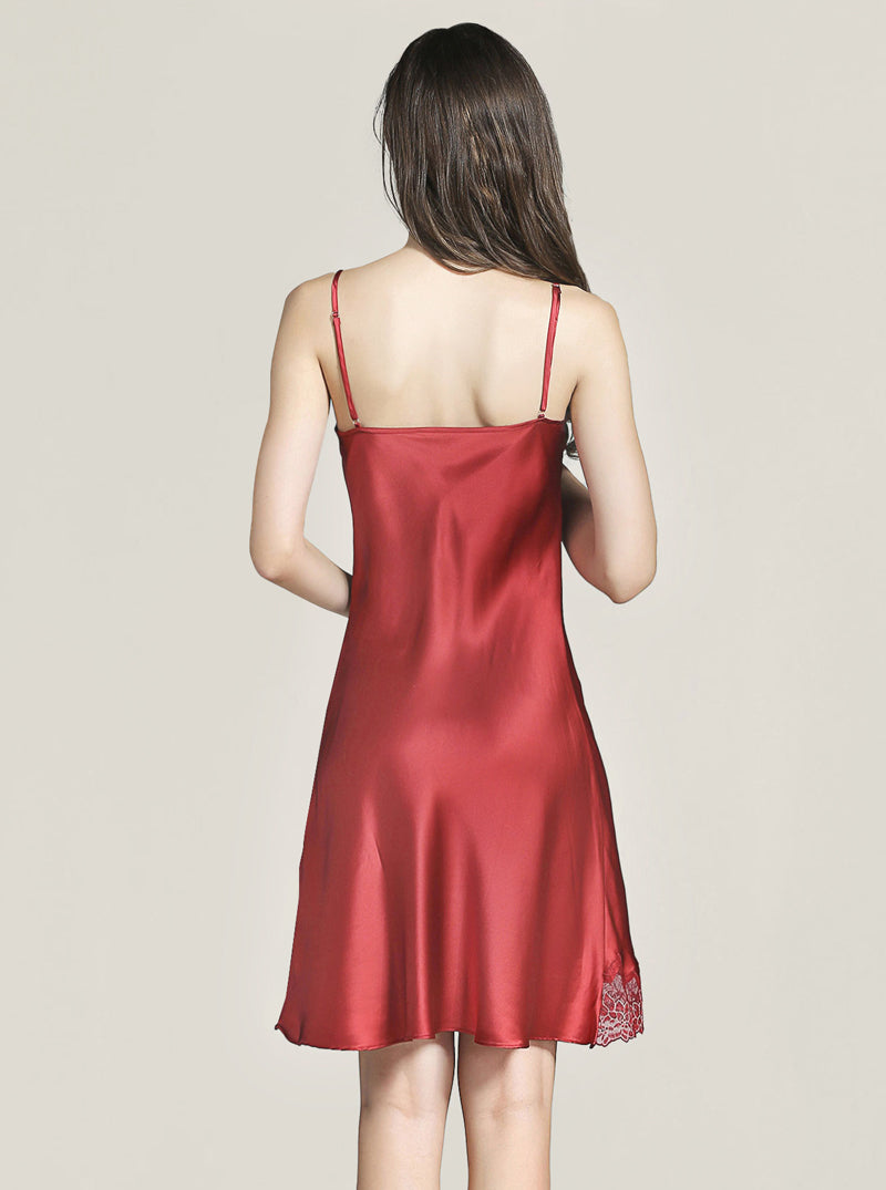 V-Neck Silk Female Summer Adjustable Straps See-Through Lace Sexy Solid Color Suspender Nightdress