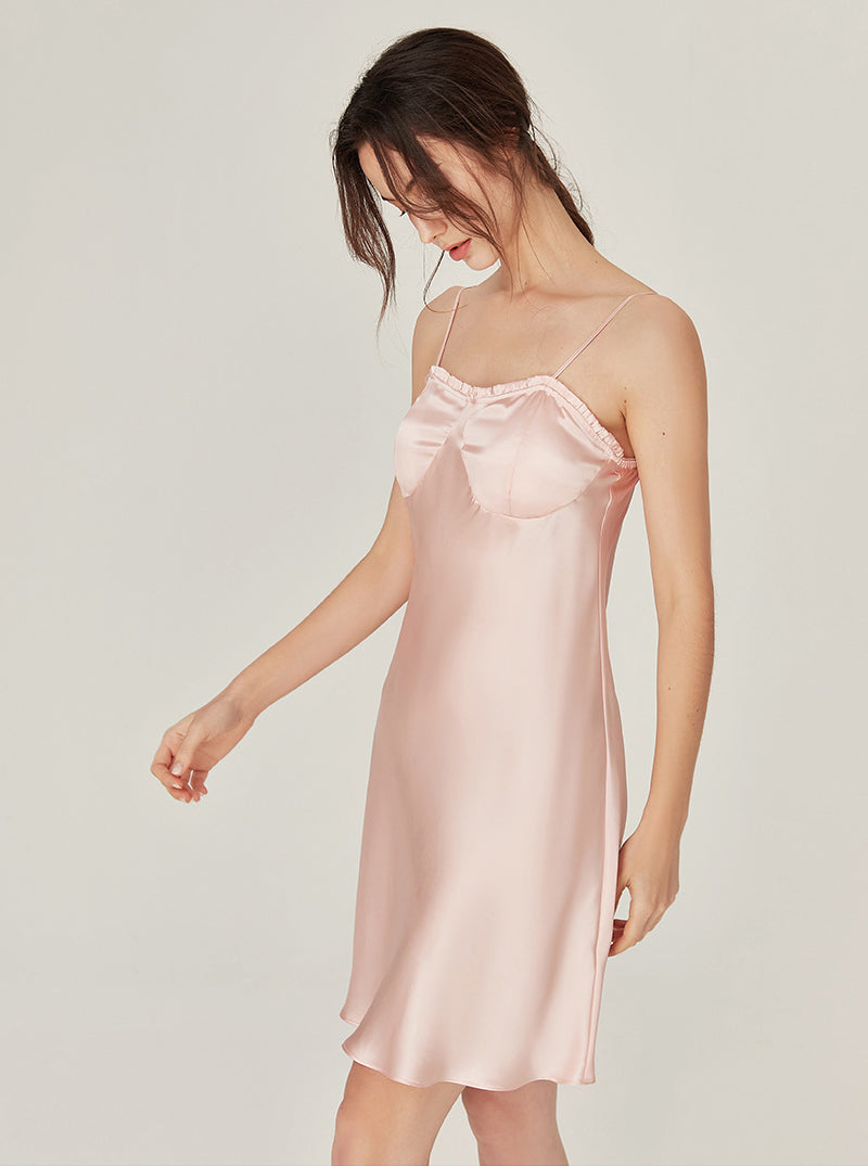 Silk Summer Female Sexy Simplicity Ruffle Edge Collar Slim Sling Short Nightdress With Chest Pads