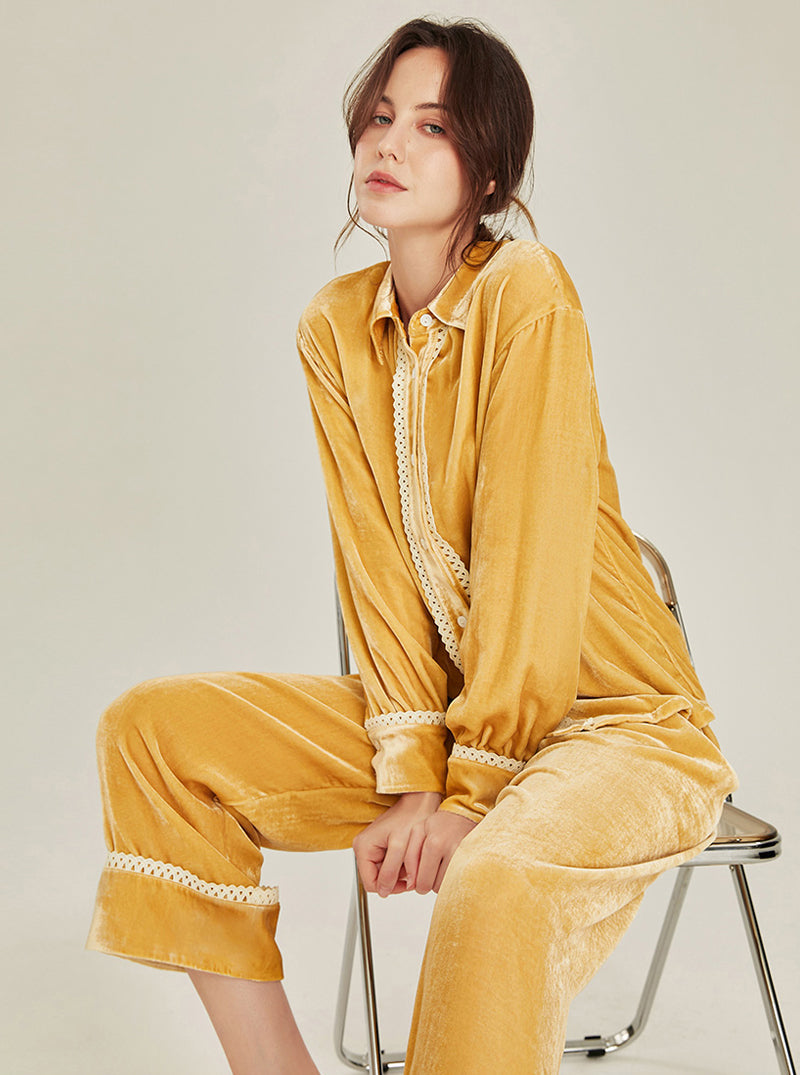 Autumn Winter Warm Mulberry Silk Velvet Matching Pajamas Female Lazy Sense Can Be Worn Outdoors Lapel Lace Design Long Sleeve Two-Piece Set