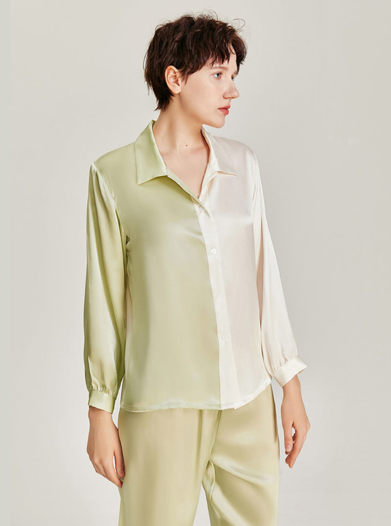 Spring Summer Female Shirt Style Silk Splicing Contrasting Color Matching Pajamas Comfortable Long Sleeve Two-Piece Set