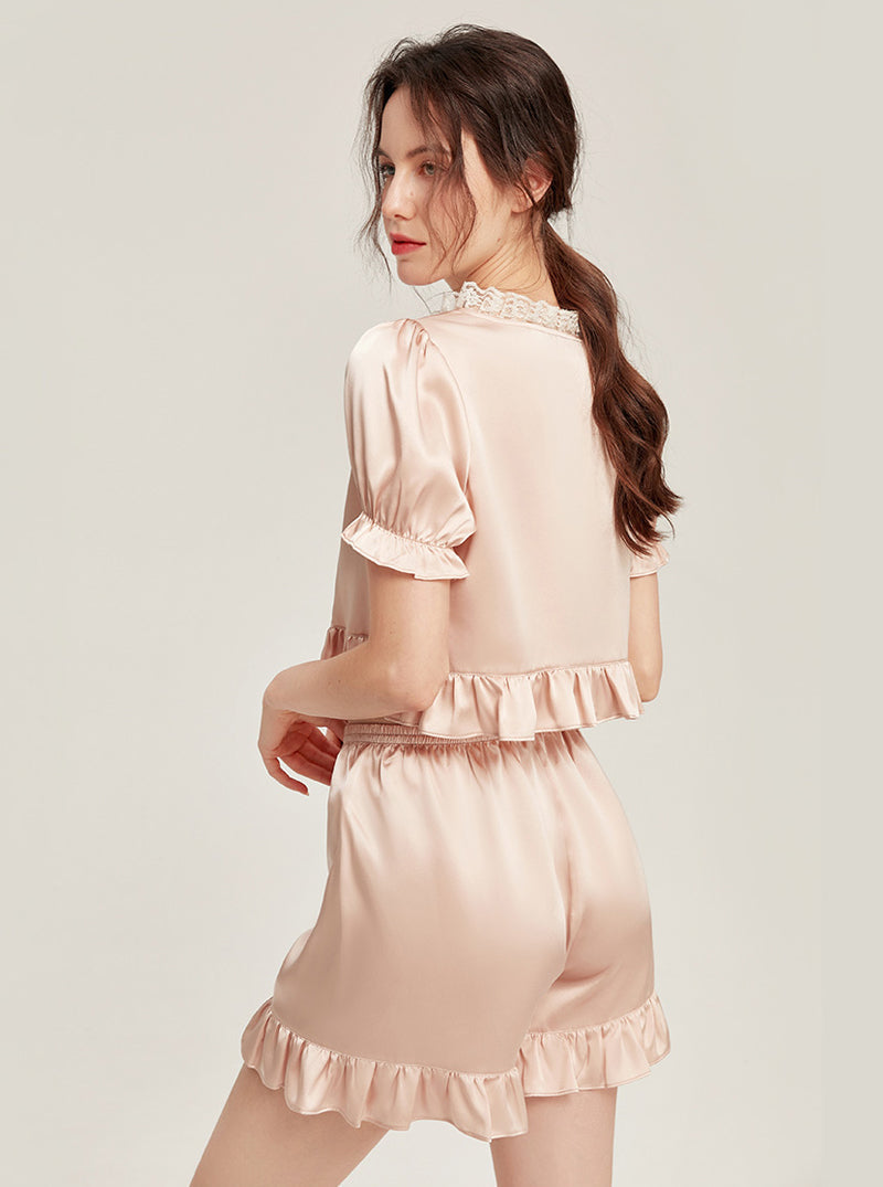 Silk Summer Female Lace V-Neck Ruffle Hem Elegant Simple Romance Gentle Sweet Comfort Sexy Youth Solid Color Short Sleeve Two-Piece Pajamas
