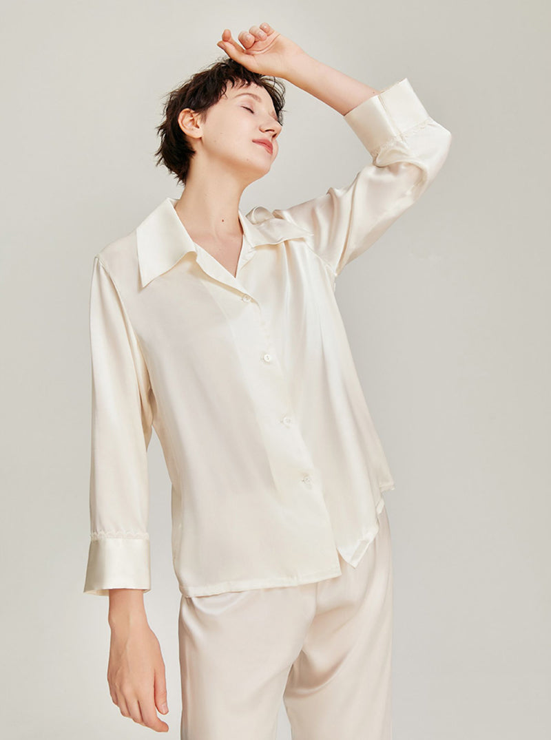 Silk Spring And Summer Ladies Shirt Collar Romantic Fashionable Small Lace Multi-Color Long-Sleeved Pajamas Two-Piece Set