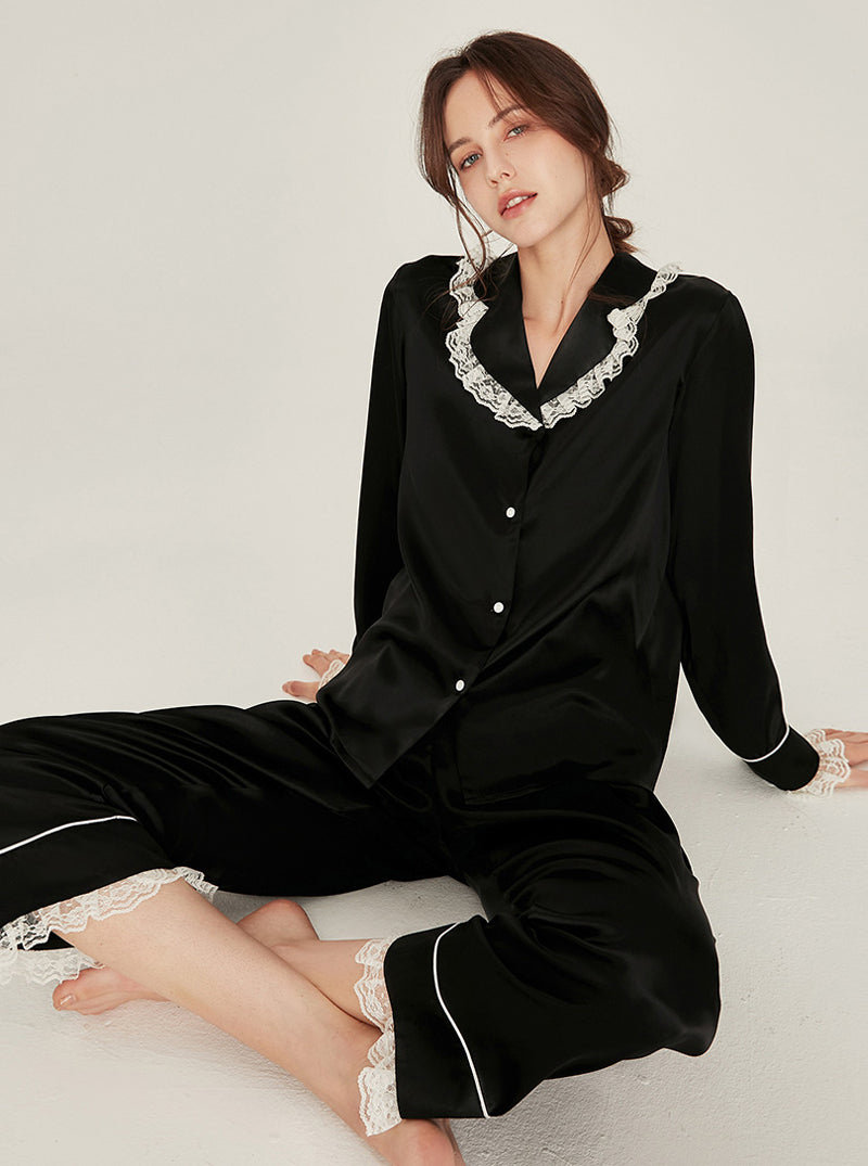 Silk Autumn Matching Pajamas Female Cute Ruffle Lace Lapel Collar Long Sleeve Advanced Sense Two-Piece Set