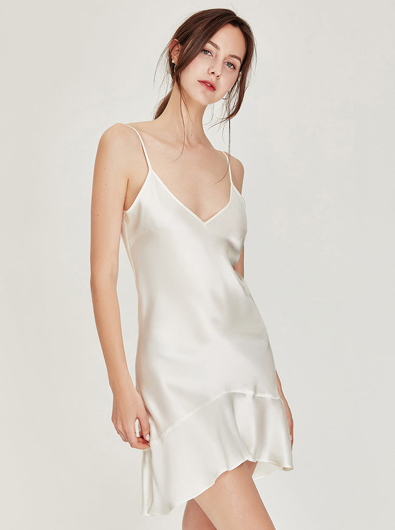 Summer Silk Pure Color Simplicity Sexy V Collar Splicing Irregular A-shaped Big Hem Sling Short Nightdress