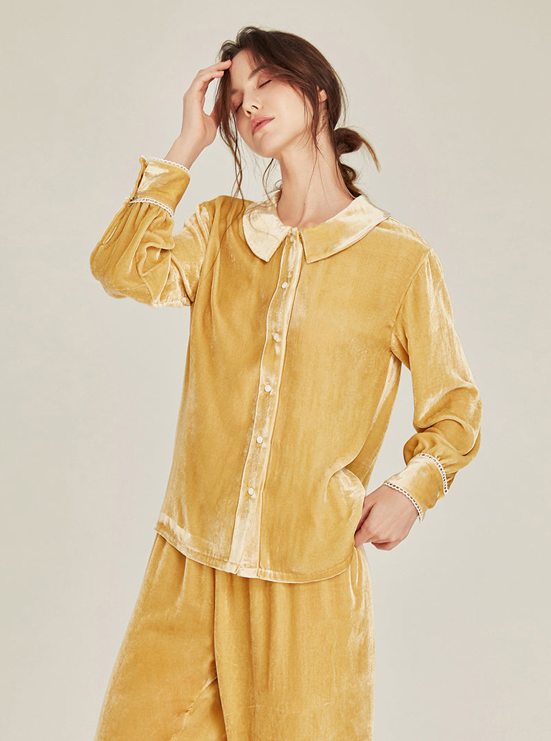 Autumn Winter Female Silk Velvet Matching Pajamas Simplicity Pure Color Cute Doll Collar Lace Edge Long Sleeve Two-Piece Set
