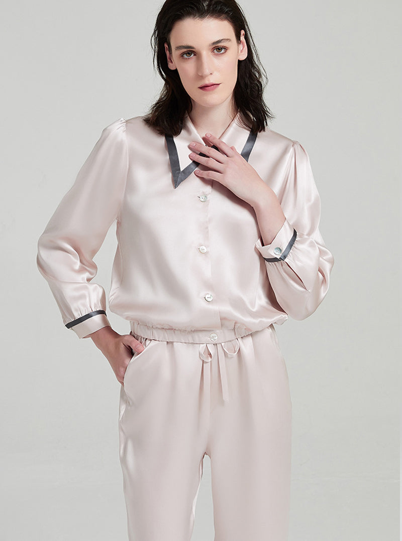 19 Momme Silk Female Spring Retro Pointed Collar High-Quality Temperament Leg Split Contrast Color Long-Sleeved Trousers Pajamas Two-Piece Set