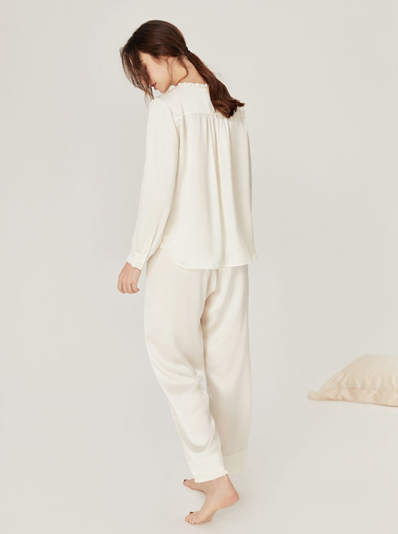 Female Spring Summer Silk Matching Pajamas Sweet Ruffle V Collar Circular Arc Hem Long Sleeve Advanced Sense Two-Piece Set