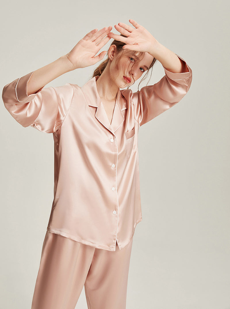 22 Momme Silk Summer Female Fashion Small Lapel Simple Soft Comfortable Youthful Temperament Various Colors Classic Long Sleeve Two-Piece Pajamas