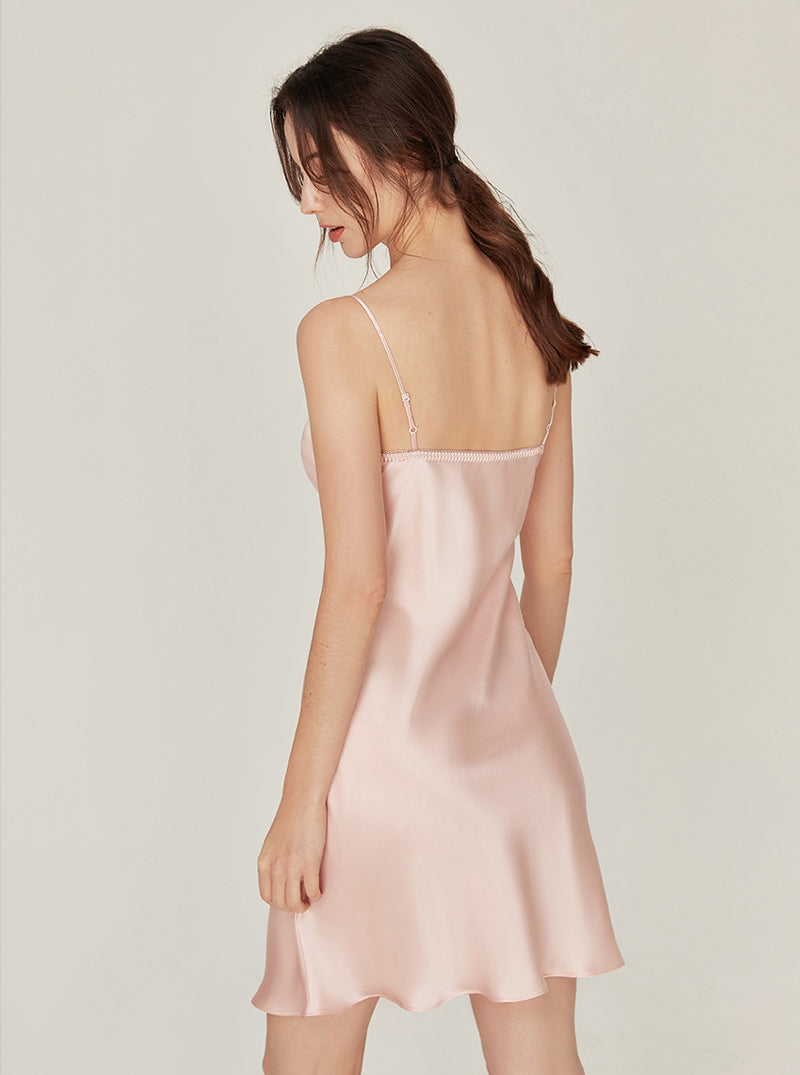 Silk Summer Female Sexy Simplicity Ruffle Edge Collar Slim Sling Short Nightdress With Chest Pads