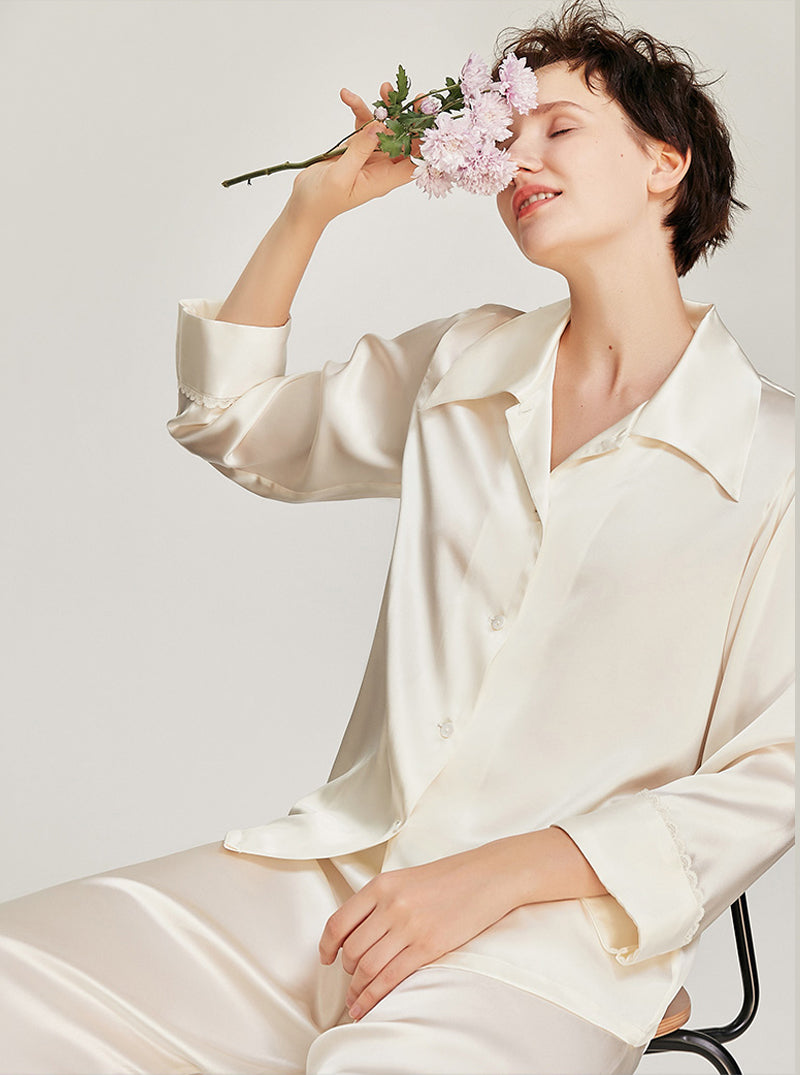 Silk Spring And Summer Ladies Shirt Collar Romantic Fashionable Small Lace Multi-Color Long-Sleeved Pajamas Two-Piece Set