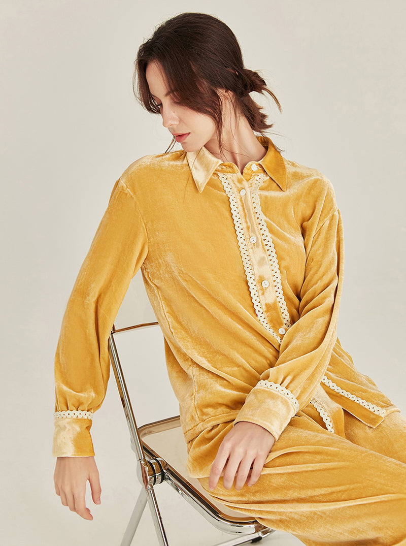 Autumn Winter Warm Mulberry Silk Velvet Matching Pajamas Female Lazy Sense Can Be Worn Outdoors Lapel Lace Design Long Sleeve Two-Piece Set