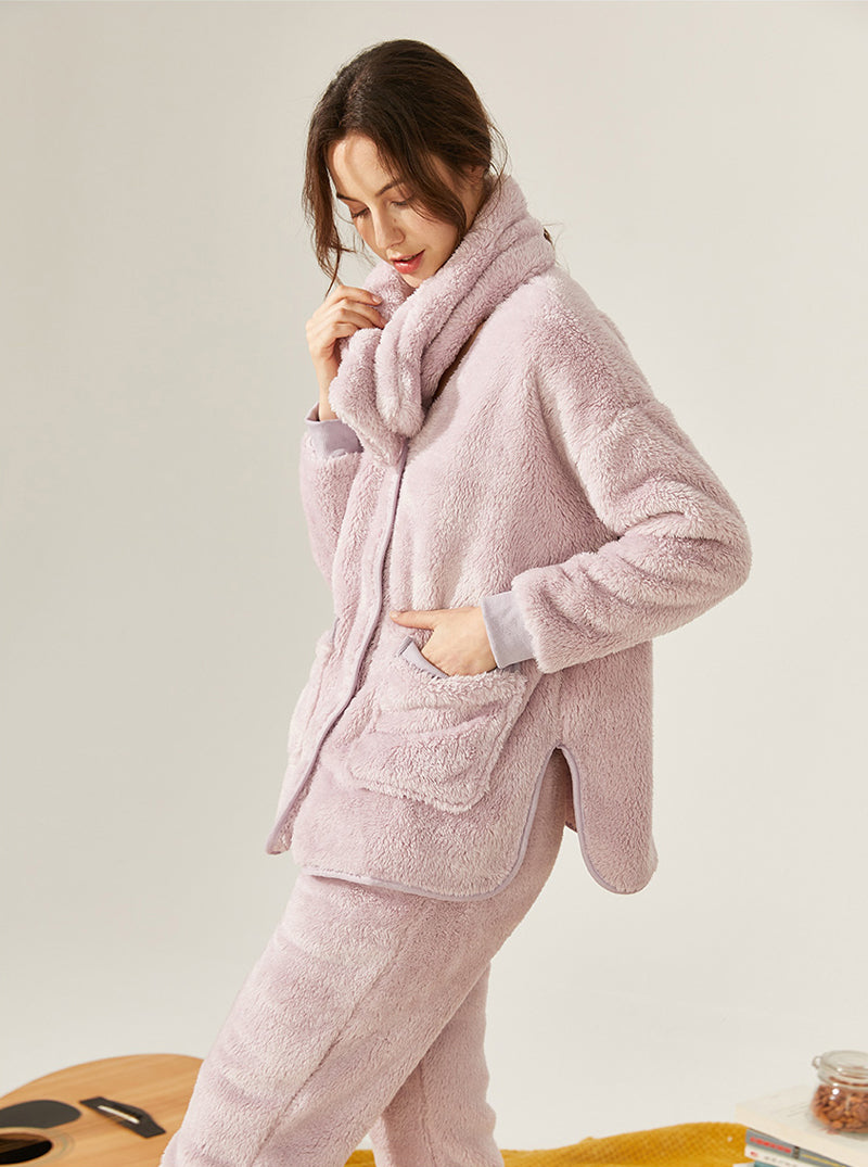 Winter Thickened Warm Pajamas Female Coral Velvet V Collar Long Sleeve With Scarf Can Be Worn Outdoors Set
