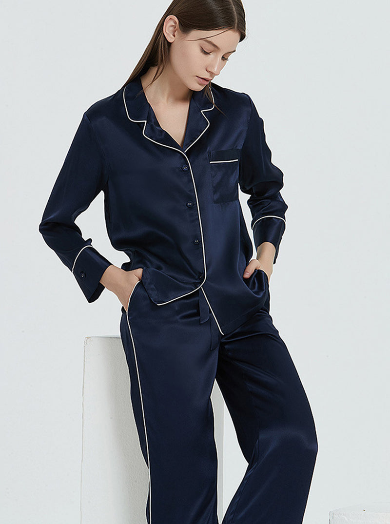 Female Autumn And Winter 22 Momme Silk Small Lapel Classic Casual Loose Solid Color Long-Sleeved Trousers Two-Piece Pajamas